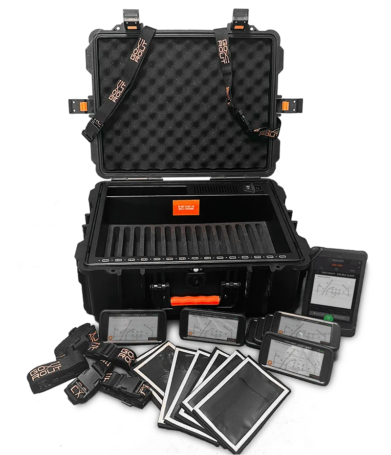 Wearable sports technology. GoRout football practice equipment comes in an organized travel case for coaches' convenience