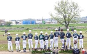 youth baseball team standing watching game