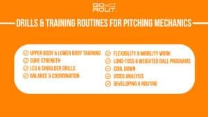 drills and training routines for baseball pitching mechanics infographic