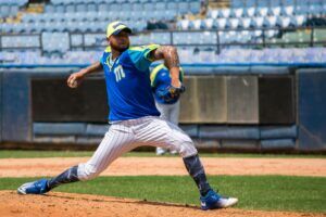 baseball pitcher in stride phase of mechanics