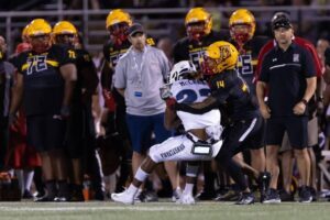 football player making tackle in game