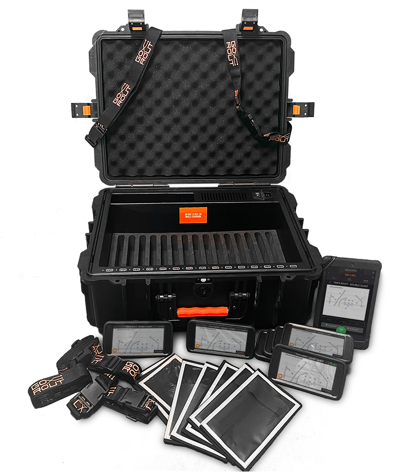 Wearable sports technology. GoRout football practice equipment comes in an organized travel case for coaches' convenience