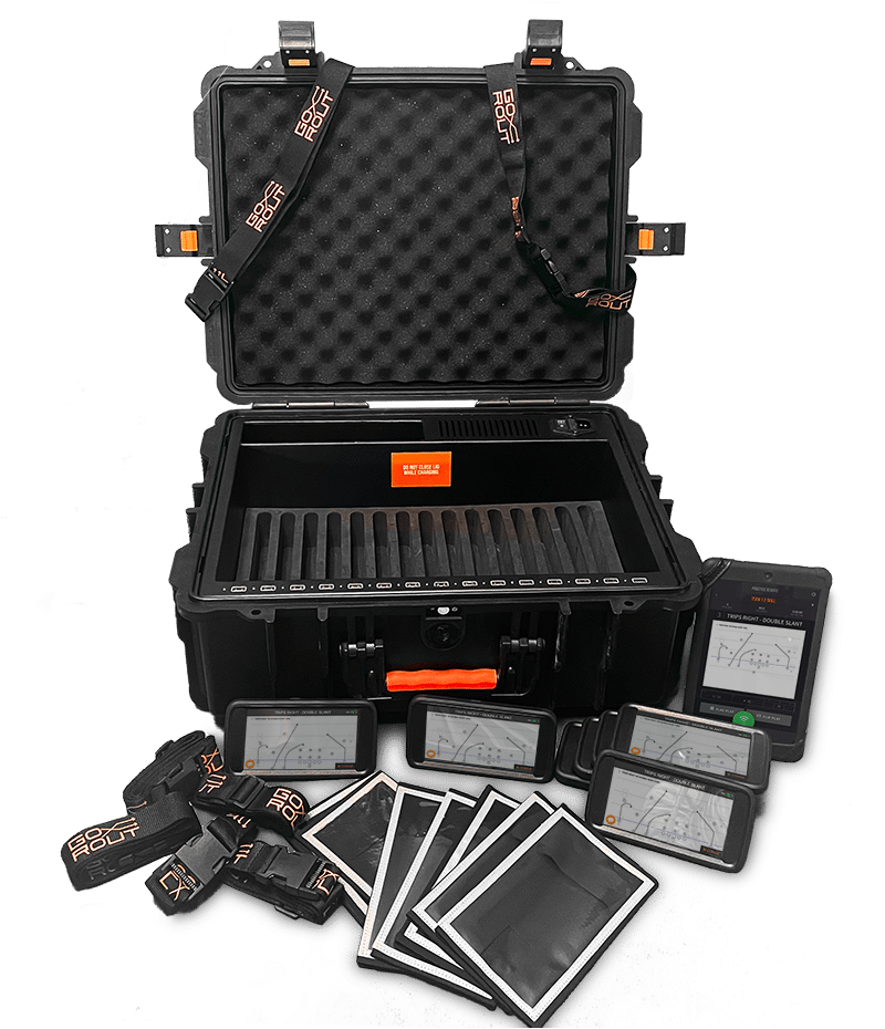 Wearable sports technology. GoRout football practice equipment comes in an organized travel case for coaches' convenience