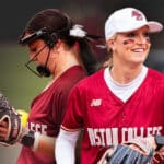 2 college softball players wearing their uniform in a graphic design