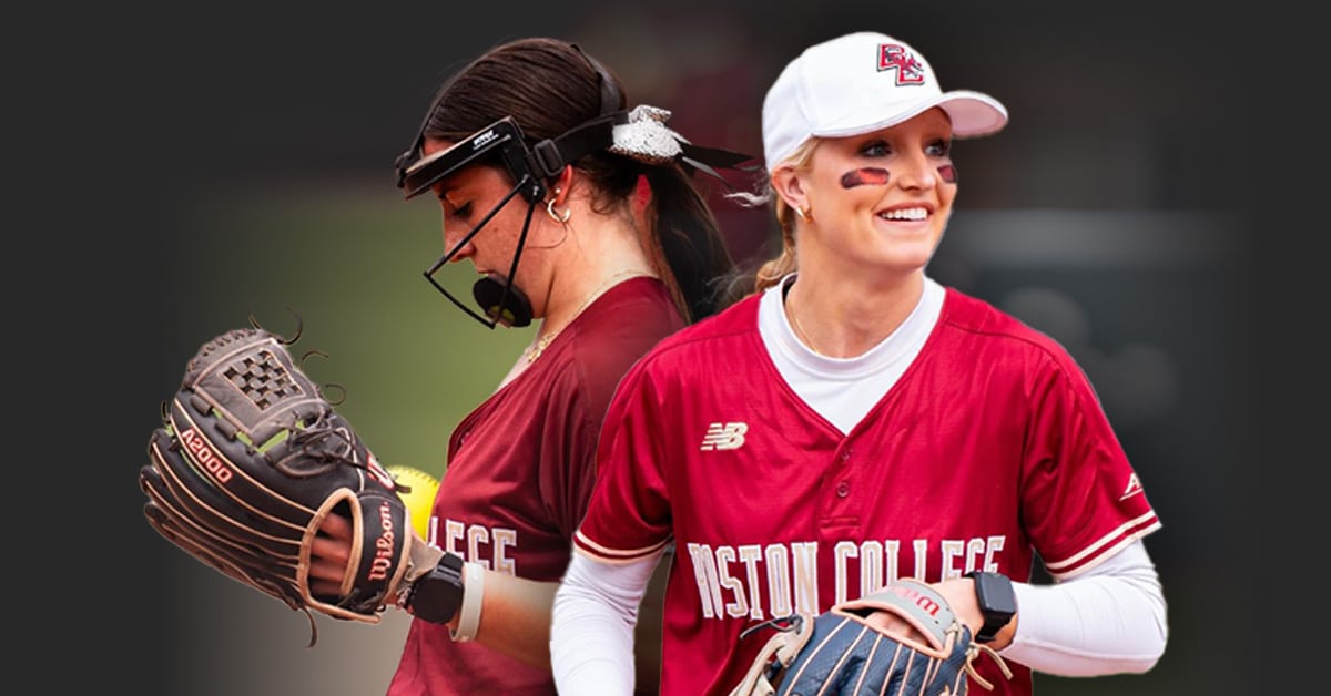 2 college softball players wearing their uniform in a graphic design