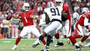 Kyler Murray, quarterback of the Arizona Cardinals delivering a deep pass