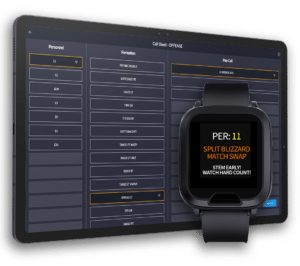 GoRout Gridiron coaches tablet displaying a team's playbook and a wearable player device showing the play call