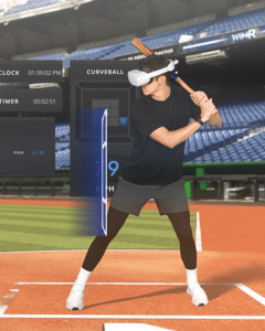 left handed baseball batter wearing VR headset