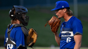 pitcher and catcher talk at mound visit