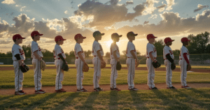 youth baseball team standing on baseline