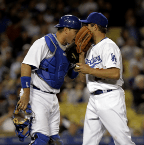 los angeles dodgers pitcher and catcher mound visit